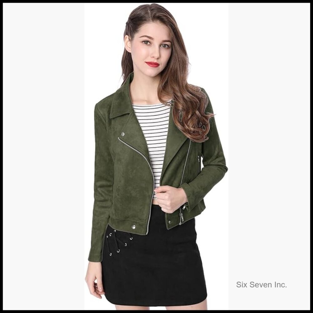 Faux Suede Biker Jacket with Asymmetric Zip and Convertible Collar